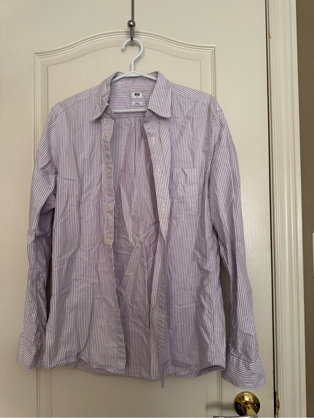 Uniqlo Men's Lavender and White Striped Button-Down Shirt